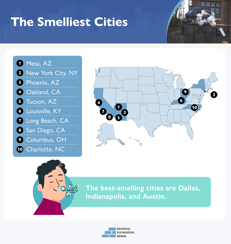 map of cities where people talk about odors the most