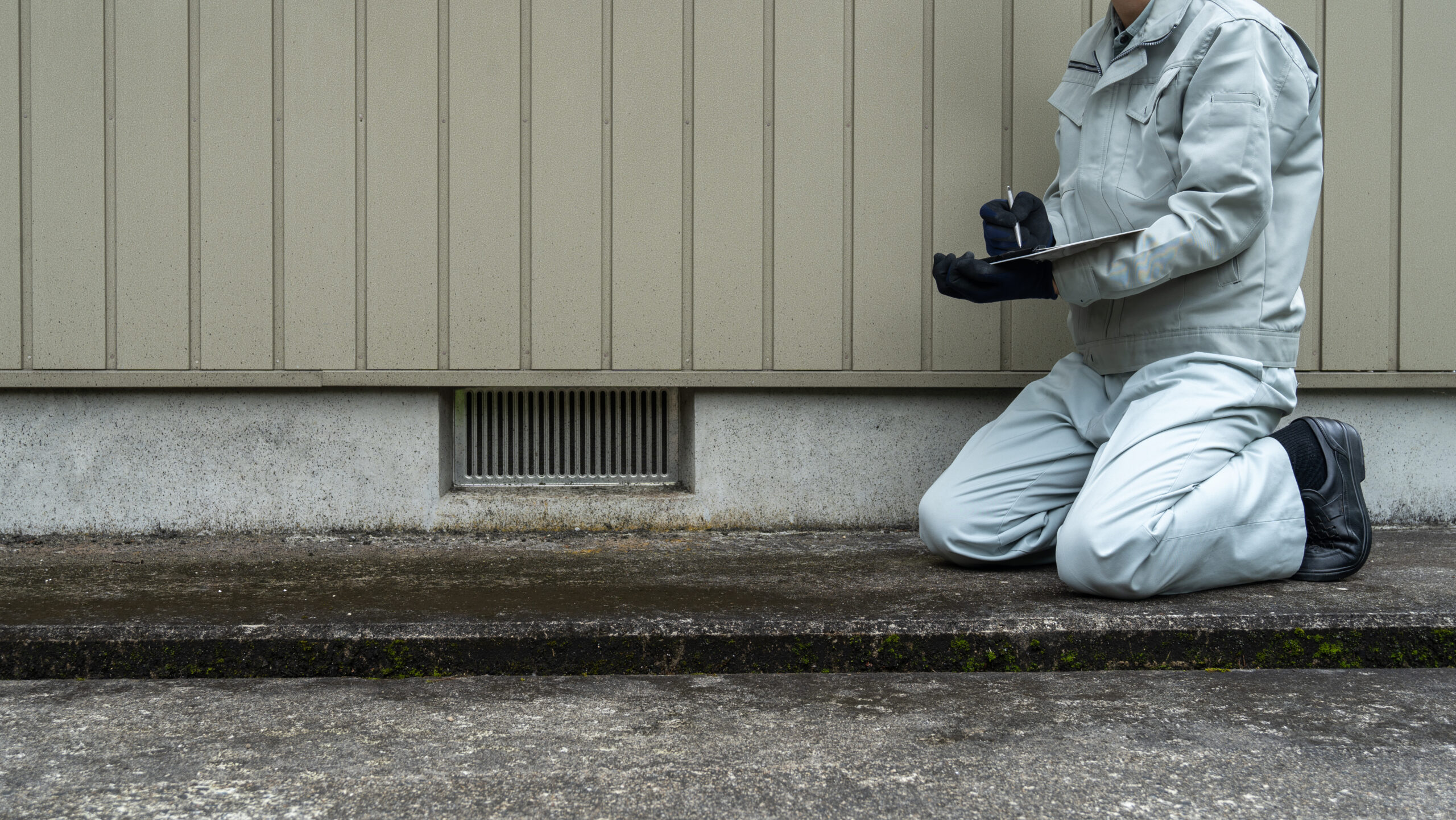 Person in protective gear completing a mold inspection on a home.